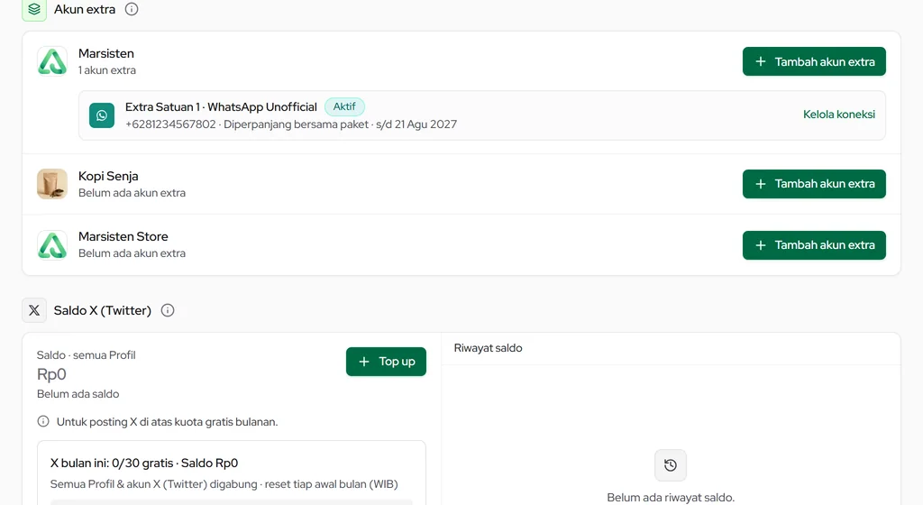 Billing — Akun extra per Profil: daftar akun extra aktif dan tombol Tambah akun extra