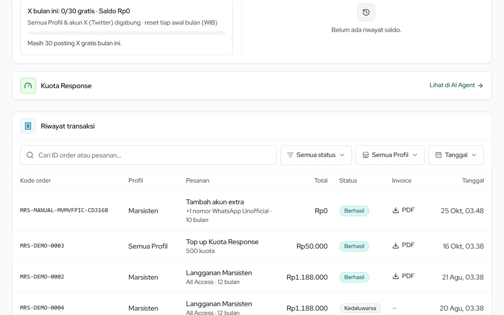 Riwayat transaksi: cari, saring status, dan unduh faktur PDF per transaksi