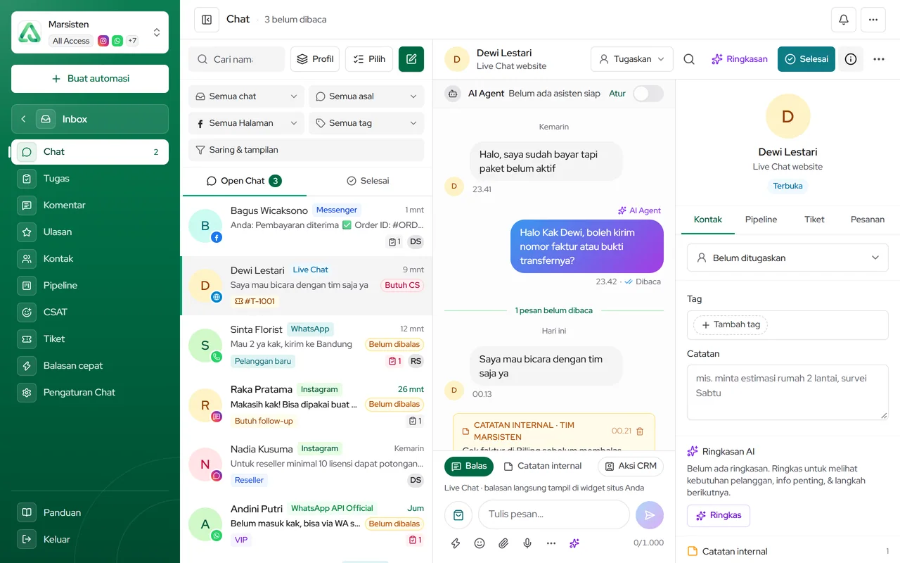 Chat yang butuh CS: label Butuh CS dan sakelar AI Agent untuk mengambil alih atau mengembalikan ke AI