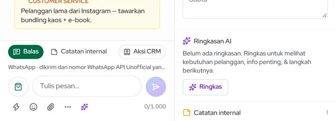 Alat di kolom balas: balasan cepat, emoji, lampiran, kirim produk, rekening, tagihan, dan Aksi CRM