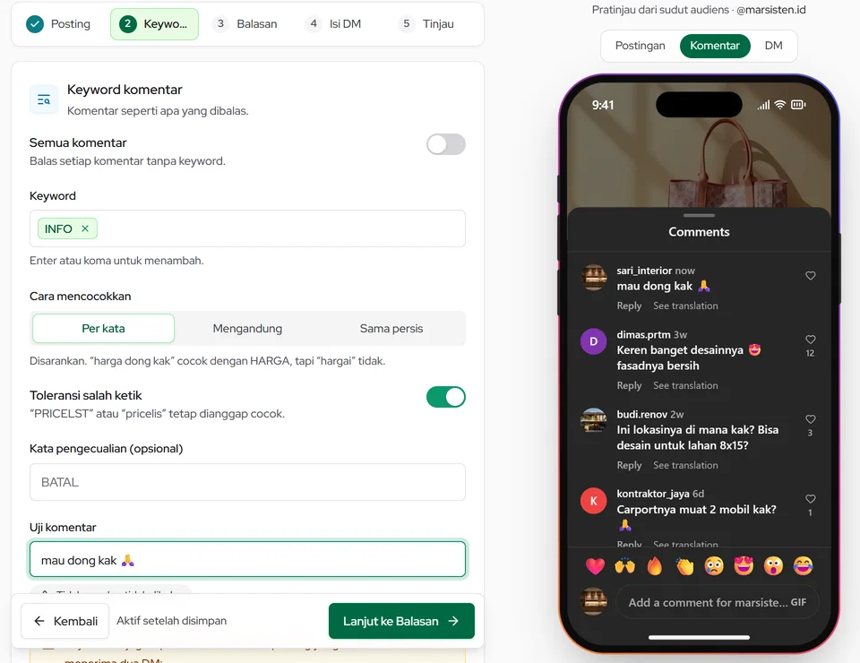 Langkah Keyword: isi keyword, cara mencocokkan, toleransi salah ketik, kata pengecualian, dan uji komentar