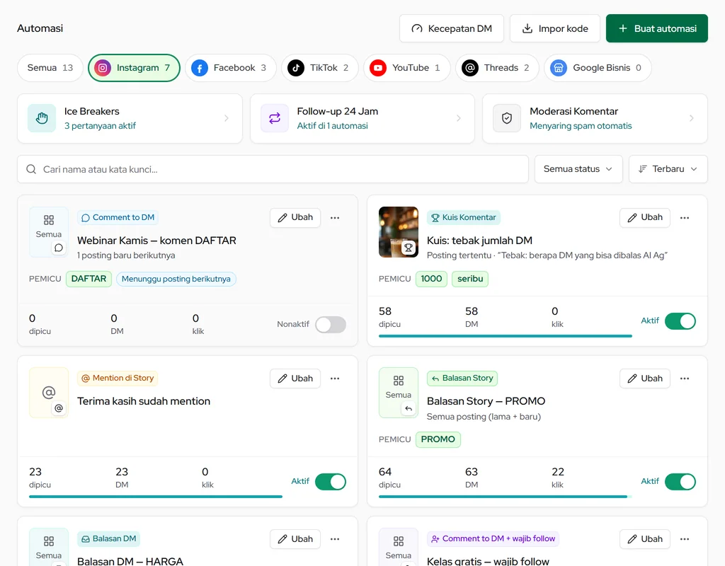 Daftar automasi Instagram: saringan sosial media, kartu Ice Breakers/Follow-up/Moderasi, kartu automasi dengan sakelar Aktif dan menu ⋯