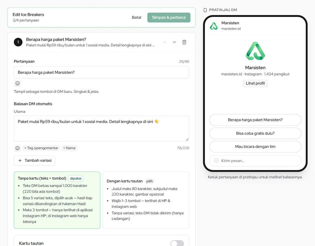 Mengubah Ice Breakers: tulis pertanyaan & balasan DM otomatis, lalu Simpan & perbarui
