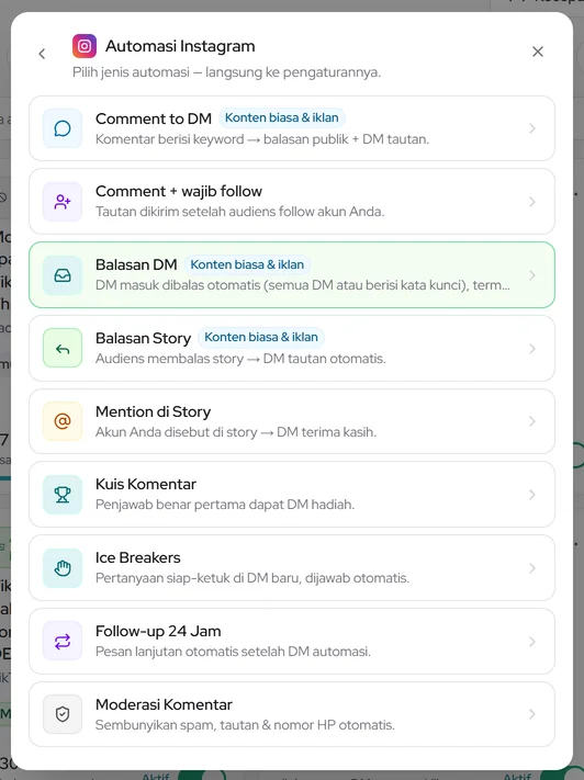 Popup Automasi Instagram — pilih Comment + wajib follow
