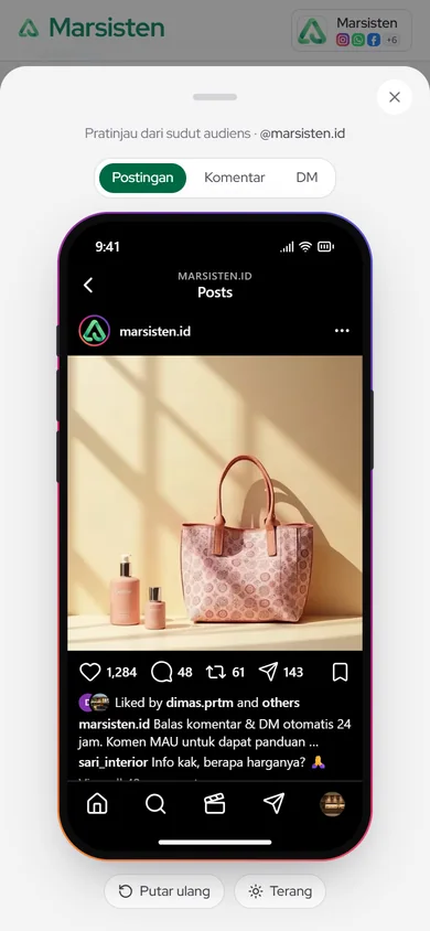 Pratinjau terbuka di ponsel — pilih tab Postingan, Komentar, DM
