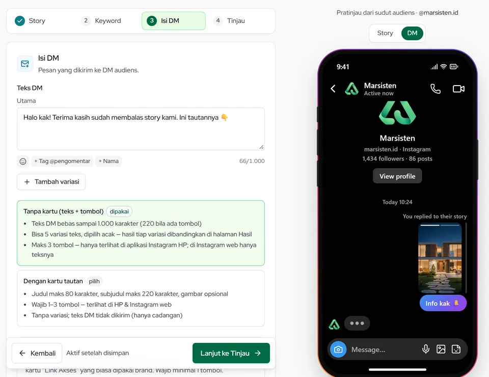 Isi DM untuk audiens yang membalas story