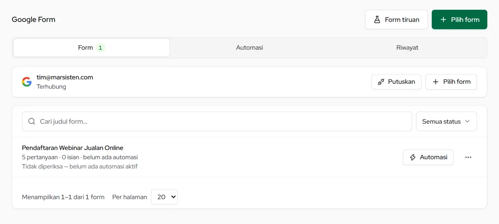 Google Form: akun Google terhubung, form yang dipilih, dan automasi WhatsApp per form