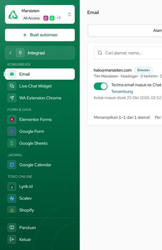 Folder Integrasi di sidebar, dikelompokkan per jenis