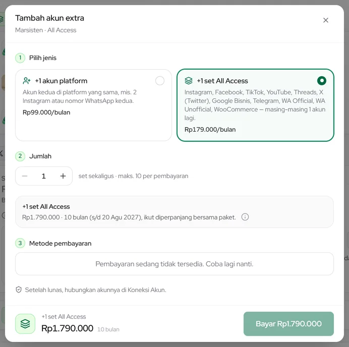 Dialog Tambah akun extra: +1 akun platform atau +1 set All Access