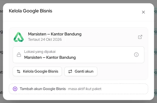Popup Kelola Google Bisnis: lokasi bisnis yang terkunci untuk akun ini