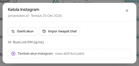 Popup Kelola Instagram: akun terhubung, ganti akun, dan impor riwayat chat