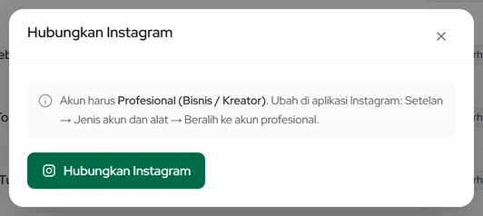 Popup Hubungkan Instagram: syarat akun Profesional dan tombol lanjut ke Instagram