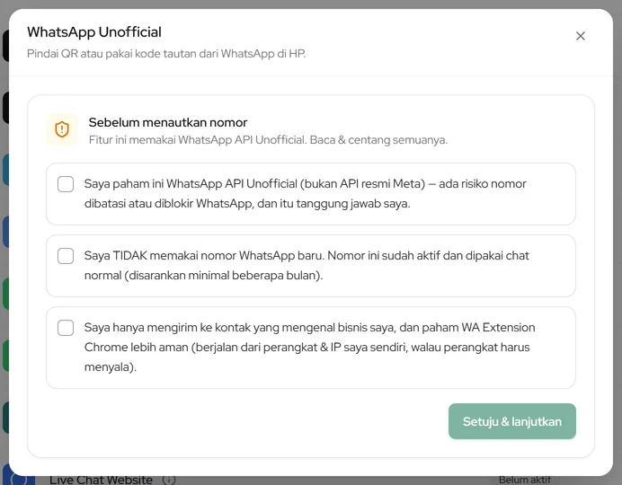 Persetujuan sebelum menautkan WhatsApp Unofficial: tiga centang wajib