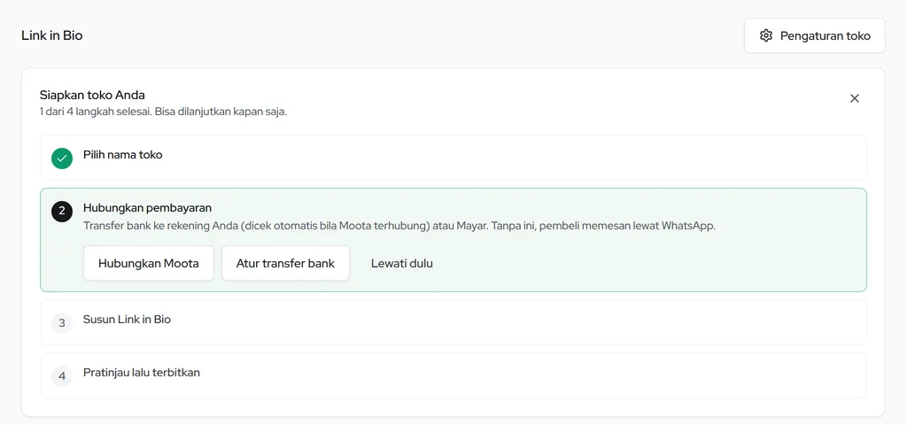 Kartu langkah awal: nama toko, pembayaran, draf Link in Bio otomatis, dan terbitkan