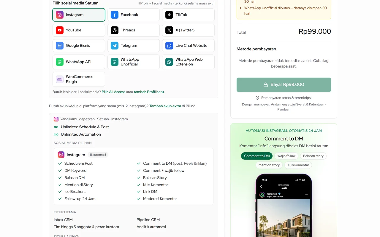 Checkout paket Satuan: pilih satu sosial media yang dipakai Profil