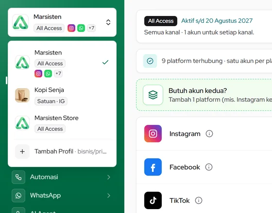 Pemilih Profil di kiri atas sidebar terbuka: daftar Profil dan Tambah Profil