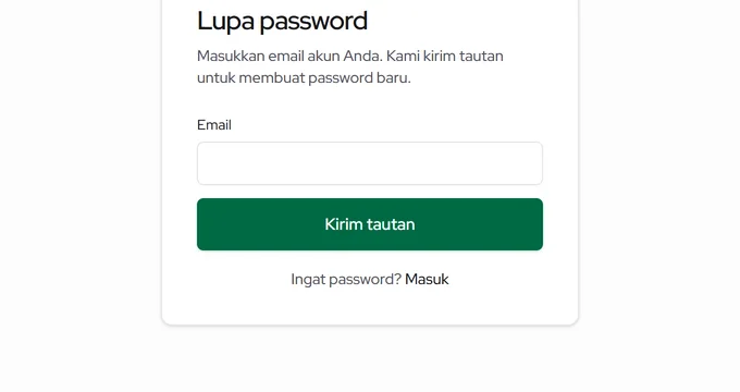 Halaman Lupa password: kolom Email dan tombol kirim tautan