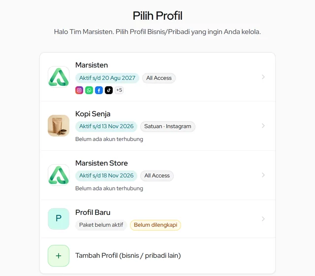 Halaman Pilih Profil: kartu Profil yang dikelola dan tombol Tambah Profil
