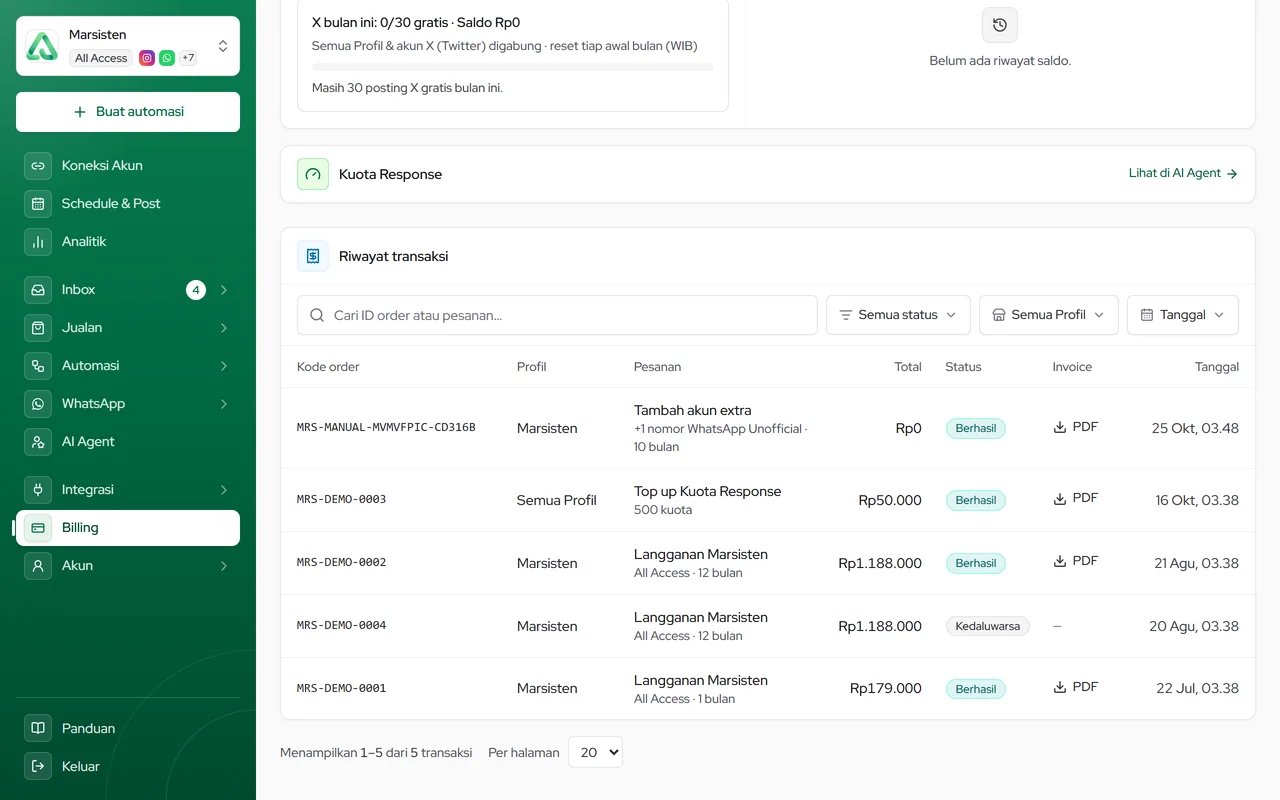 Riwayat transaksi di Billing: cari, saring, dan unduh faktur PDF