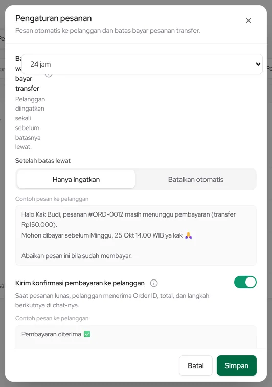 Pengaturan pesanan: batas waktu bayar transfer, konfirmasi pembayaran, dan kabar pengiriman ke pelanggan