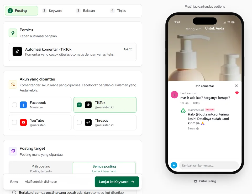 Automasi komentar TikTok: akun, target posting, keyword, dan balasan publik dengan variasi