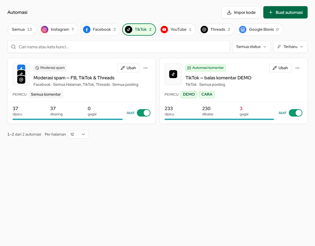 Automasi TikTok: kartu automasi komentar dan moderasi spam dengan angka dipicu, dibalas, gagal