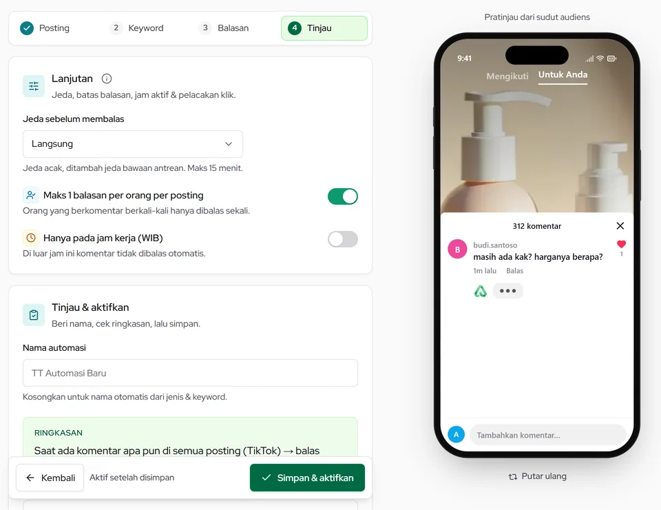 Lanjutan automasi komentar: jeda sebelum membalas, maks 1 balasan per orang per posting, dan jam kerja