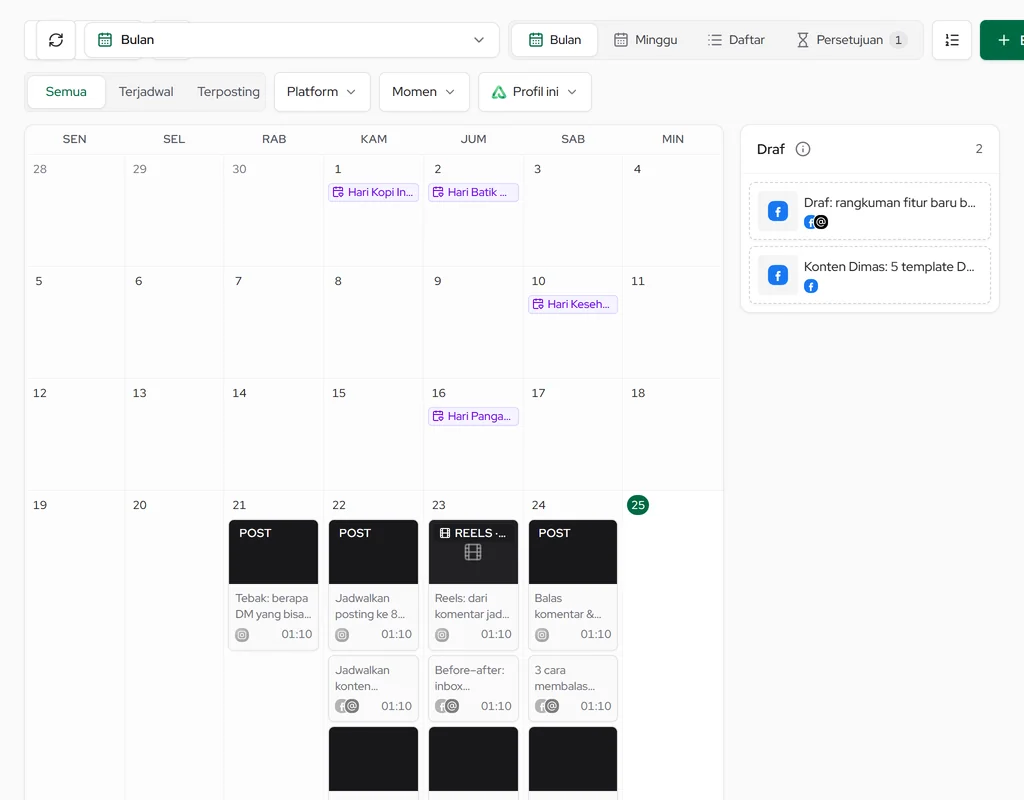 Kalender Schedule & Post: tampilan Bulan, saringan status & platform, Draf, Atur antrean, dan tombol buat posting