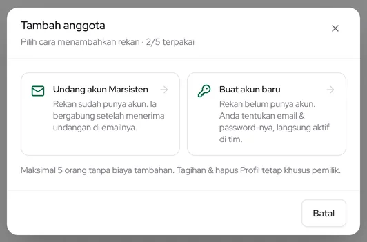 Tambah anggota: email akun Marsisten, peran, dan batas kanal