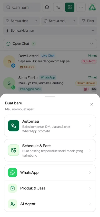 Menu Buat baru di ponsel: Automasi, Schedule & Post, dan pintasan fitur