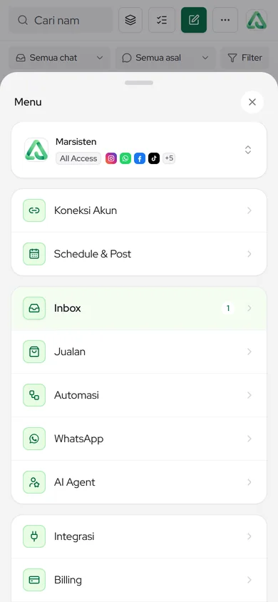Menu Lainnya di ponsel: pemilih Profil, folder menu, dan Keluar