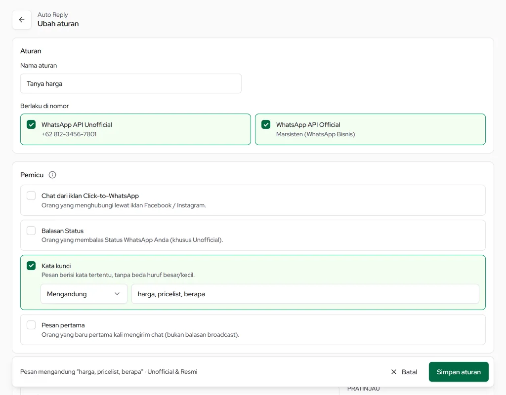 Editor aturan Auto Reply: nama, nomor, pemicu (kata kunci, pesan pertama, iklan, Status), cara mencocokkan, balasan, jeda, dan batas per kontak