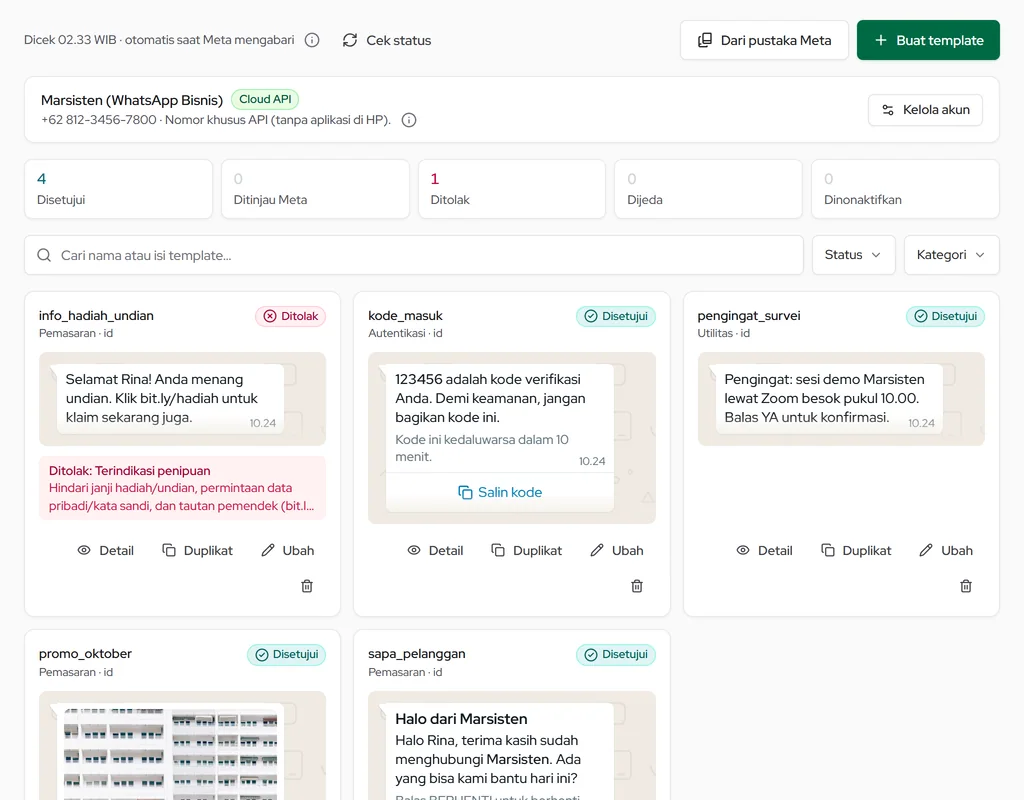 Template Resmi: status Disetujui, Ditinjau, Ditolak beserta alasan, Cek status, Dari pustaka Meta, dan Buat template